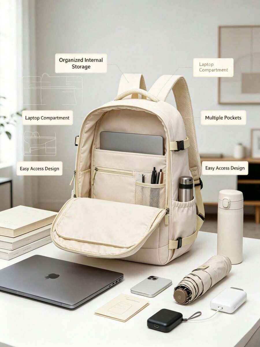 Cute Travel Notebook Backpack, A Spacious Multi-Pocket Backpack, Perfect For Business Trips, Weekend Getaways, And Plane Luggage-WHITE - Beige 1 - View 1