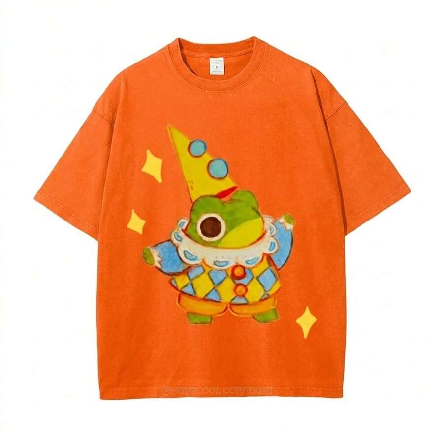 Summer Tops 100% Cotton, Funny Clown Frog Print T-Shirt, Suitable For Daily Wear, A Must-Have For The Beach, Cute Cartoon Pattern, Unisex, Perfect Gif - SäkerhetOrange - Visa 1