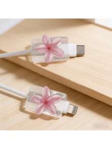 2PCS Cable Data Line Protector, Charging Cable Anti-Break, Resin Material, No Battery Required, Suitable For Type-C-Type-C, For Type-C- - 2 Pink Frangipani Flowers - View 1