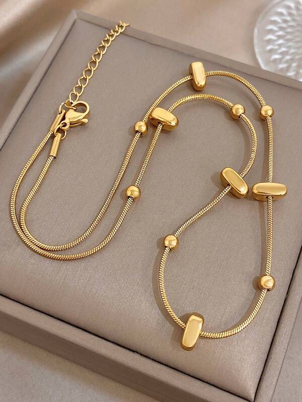 1 pieza Collar de cadena de serpiente con cuentas ovaladas de lujo para mujeres, joyería minimalista de acero inoxidable dorado/diario/fiesta/Y2K/accesorio, regalo para mamá, San Valentín, cumpleaños
