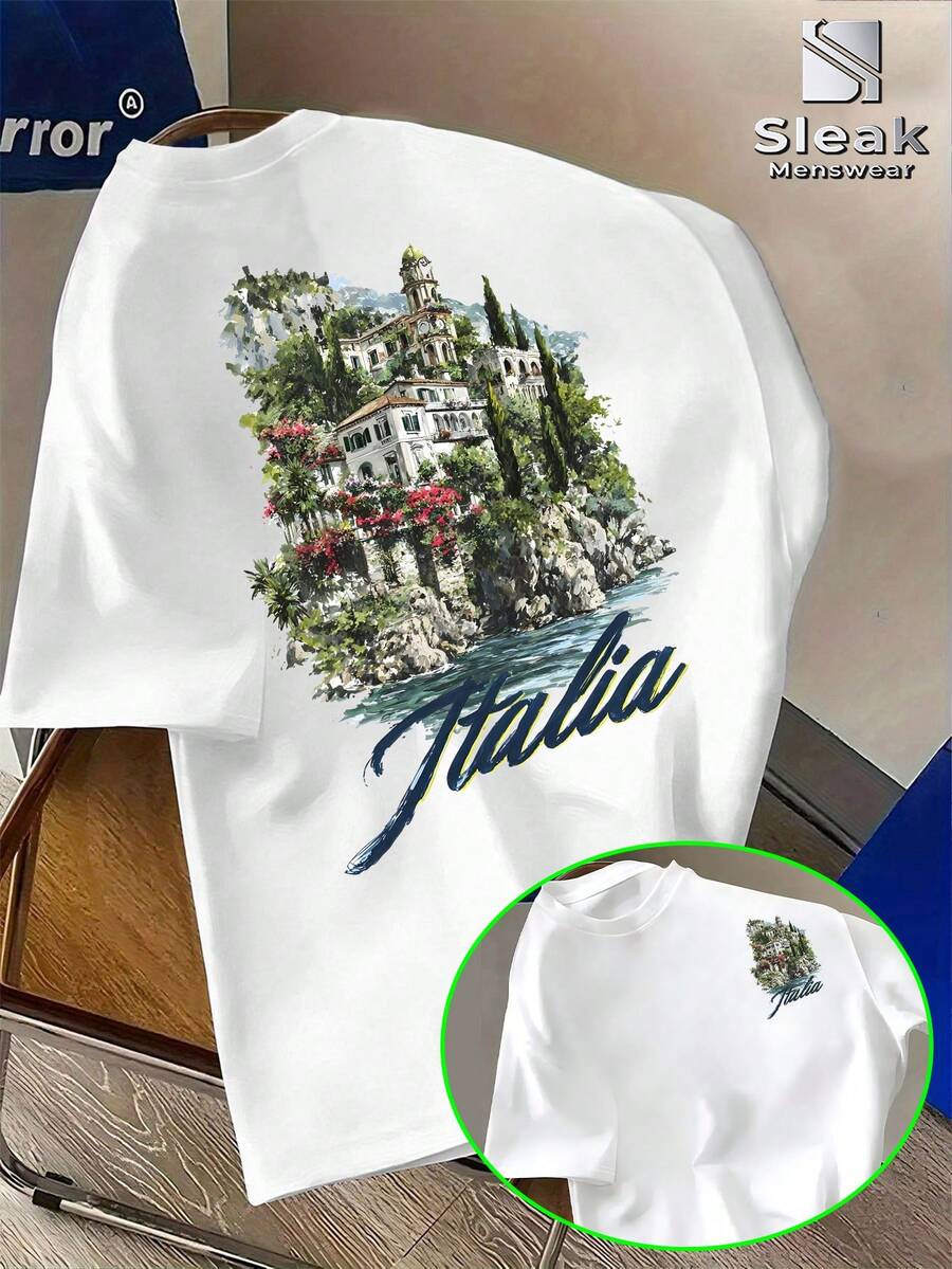 ITALIA Italian Coastal Castle Men's Short Sleeve Shirt With Southern European Landscape Illustration, Handwritten Artistic Lettering Print, Full Of Vi - White - View 1