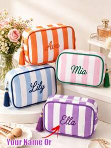 1pc Personalized Embroidered Makeup Bag, Customized Name Striped Cosmetic Bag, Bridesmaid Gift, Travel Toiletry Bag, Customized Jewelry Storage Bag, Valentine's Day Gift, Christmas Gift - Multicolor - View 1