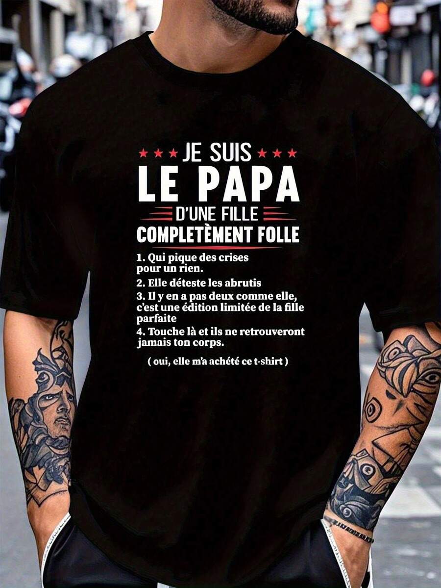 Camiseta gráfica para hombre <<SOY EL PADRE» - Camiseta divertida para papá con escritura en francés, corte holgado, ideal para uso diario y como regalo para el Día del Padre. - Negro - Ver 1
