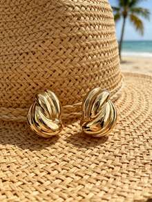 1Pair Gold Plated Twisted Knot Stud Earrings, Minimalist Chunky Textured Button Earrings, Elegant Statement Jewelry For Women, Daily & Office Wear - Earrings - View 2