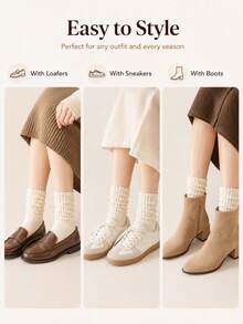 1 Pair Women's Beige Ribbed Loose Socks, Soft Comfortable Vintage Ruffle Ankle Socks, Casual Daily Wear Comfortable Knitted Socks - Beige - View 5