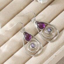 Vintage Elegant Bohemian Distressed Silver Hollow Water Drop Dangle Earrings, Inlaid With Clear Synthetic Purple Zirconia, Suitable For Daily, Date, Party Occasions, Exquisite Accessory Gift For Women's Birthday And Holiday - Silver - View 6