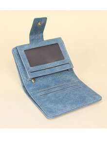 New PU Leather Bifold Short Wallet, Korean Style Solid Color Versatile Minimalist Snap Fold Lightweight Wallet Purse - Blue - View 4