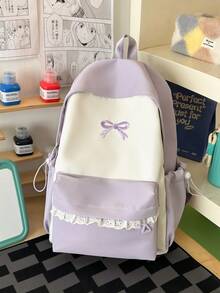 1pc Girls Colorblock Bow Nylon Zipper Closure Sweet Backpack Student School Bag Suitable For All Seasons Daily Use Without Pendant - A - View 14