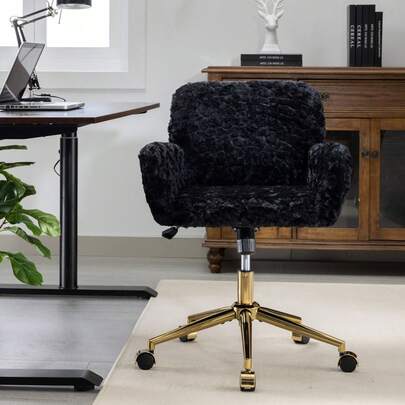 Soft Faux Rabbit Fur Vanity Chair, Black, Height Adjustable, 360° Swivel, Home Office Chair With Armrests, Gold Metal Rolling Base, Comfortable Makeup Assistant Chair, Ideal For Bedroom Or Study, DE1831BK