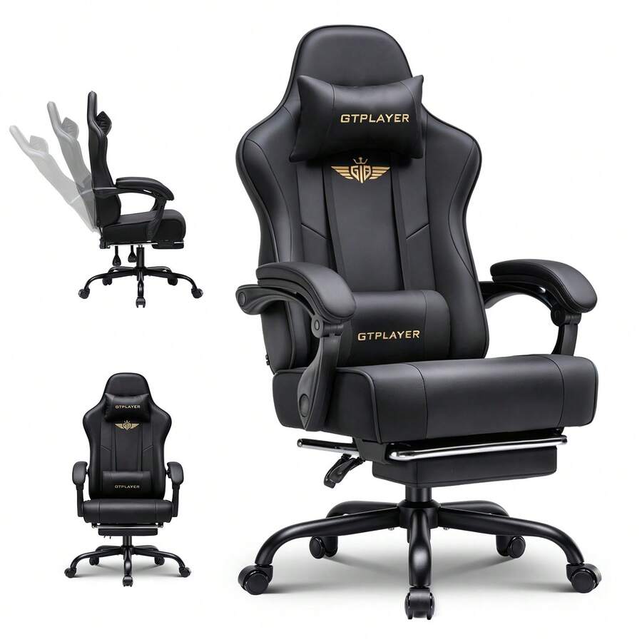 EXRACING Gaming Chair - Ergonomic Gaming Chair With Footrest, Headrest And Lumbar Support, Height Adjustable, Padded, 180 Kg - 黑色 - 查看 1