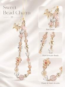 1pc Milk Tea Crystal Flower Phone Lanyard, Embossed Heart Mini Mushroom Wrist Strap - Multicolor - View 4