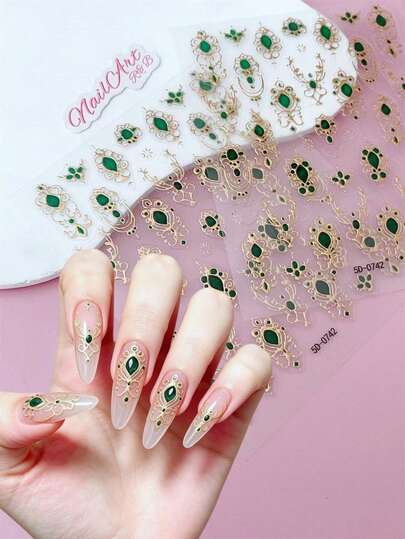 2pcs 5D Embossed 3D Nail Art Stickers, DIY Nail Decoration, Gold Vintage European Hollow Pattern With Emerald Green Accents, Suitable For Luxury Vintage, Black & Gold Spicy Girl, French Elegant Nail Art