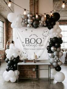 Customized Halloween Baby Shower Backdrop - Personalized "Our Little Ghost Is Coming Soon" Ghost Banner, Cute Autumn Gender Reveal Party Photo Background - Multicolor - View 6