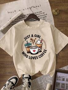 ZZG Es Trus 大尺碼女款夏季「JUST A GIRL WHO LOVES COFFEE」圖案印花街頭 Y2K 風格杏色圓領寬鬆短袖 T-shirt 上衣休閒款 - 杏色 - 查看 2