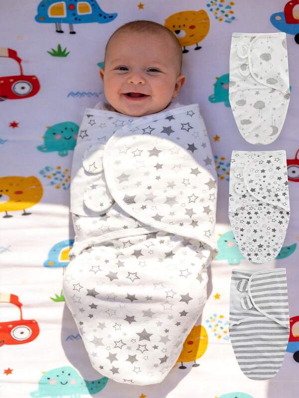1pc/3pcs Baby Swaddle Blanket, Soft Breathable Baby Wrap, Adjustable Newborn Swaddle, Cartoon Print, Spring/Summer/Autumn Style, 0-2 Months