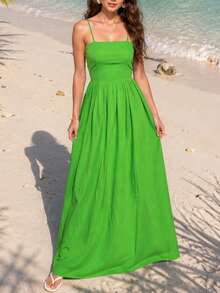 Robe fluide vert forêt à bretelles spaghetti et dos nu pour femmes, robe élégante pour vacances d'été, plage, resort, fête de vacances et festival - Vert - Voir 2