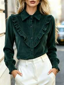 Women's Corduroy Solid Color Office & Home Shirt - Dark Green - View 7
