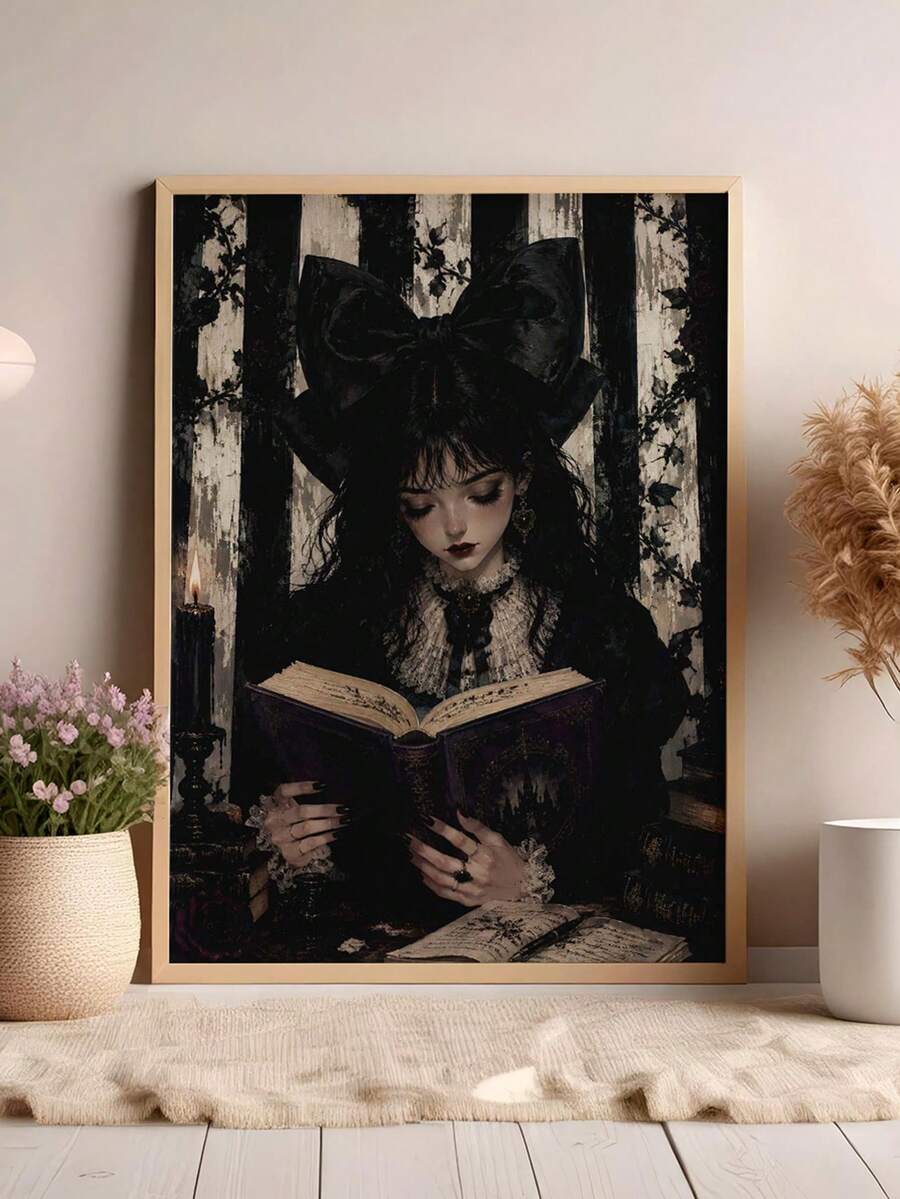 1 Stück Leinwand Wandkunst, gerahmte Wanddekoration, Dark Academia Gothic Lolita Mädchen beim Lesen Leinwandgemälde Vintage Ölgemälde, atmosphärisches schwarzes Rosen-Kerzen-gestreifter Hintergrund ungerahmtes Poster, ästhetischer dekorativer Wanddruck, geeignet für moderne Heimdekoration, Raumdekoration, Wohnheimdekoration, Schlafzimmerdekoration, Wohnzimmerdekoration, Badezimmerdekoration, Küchendekoration - Lesendes Mädchen - Übersicht 1