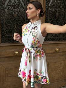 Women Botanical Floral Print Halter Shirt Dress Rhinestone Collar Sleeveless Self Tie Belt A-Line Swing Mini Dress Vacation SundressDaily Casual - Multicolor - View 3