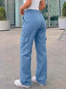 1pc Girls' Teenager Back To School Versatile Fashion Minimalist Retro Cargo Pants With Large Pockets - Blue - View 2