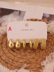 1-9 Pairs Stainless Steel Gold-Plated Multi-Style Earring Set, Smooth C-Hoop, Water Drop, Flower, Bamboo Joint, Star Metal Earrings - Gold - View 2