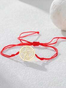 LIKGREAT 1pc Men's Fashion Vintage Pentagram Hollow Round Charm Adjustable Red & Black Braided Bracelet, Minimalist Couple Niche Versatile Hand Accessory - Bracelet Series - View 6