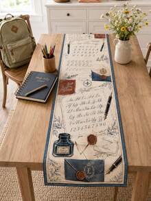 1pc Vintage Back To School Theme Table Runner, Calligraphy Pen Ink Envelope Letter Print, Rustic Farmhouse Style Classroom Dining Table Study Room Decor, Teacher Gift Seasonal Home Decoration - Multicolor - View 6