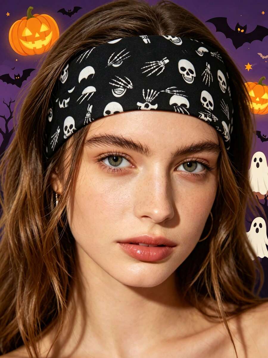 3er Set Halloween Skelett Geist Hand Haarreif, europäischer und amerikanischer Stil, sportliches elastisches Haaraccessoire, lustiges Kürbis Haargummi - A - Übersicht 1