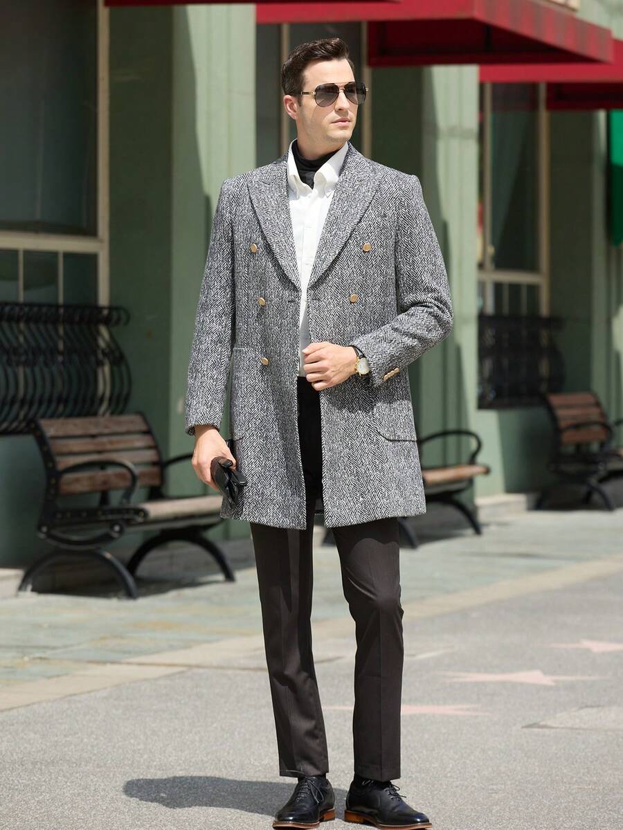 男士缺口領商務休閒西裝風衣,雙排扣修身時尚極簡夾克,適用婚禮、生日派對、旅行、通勤 - 黑與白 - 查看 1