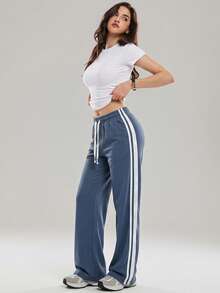 KyrLssu Women's Drawstring Elastic Waist Wide Leg Sweatpants, Side Double Stripes, Loose Casual Pants, Suitable For Daily Streetwear And Light Exercise - Navy Blue - View 2