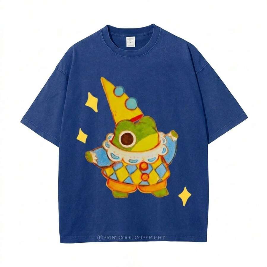 Summer Tops 100% Cotton, Funny Clown Frog Print T-Shirt, Suitable For Daily Wear, A Must-Have For The Beach, Cute Cartoon Pattern, Unisex, Perfect Gif - BU01 - View 1