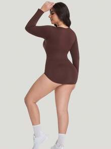 Plus Size Solid Round Neck Long Sleeve Shapewear Bodysuit, Seamless Soft & Skin-Friendly, High-Waist Tummy Control For Daily Layering & Sports Wear - Brown - View 2