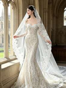 2026 Long Lace Veil, 1 Piece With 3-Meter Eyelash Lace Train, Built-In Metal Hair Comb, Suitable For Church And Cathedral Weddings, Bohemian Style. - Beige - View 14
