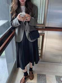 Women's Grey Long Sleeve Blazer, Korean Style Loose Elegant Slimming Casual Jacket, Autumn - Grey - View 3