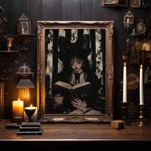 1 Stück Leinwand Wandkunst, gerahmte Wanddekoration, Dark Academia Gothic Lolita Mädchen beim Lesen Leinwandgemälde Vintage Ölgemälde, atmosphärisches schwarzes Rosen-Kerzen-gestreifter Hintergrund ungerahmtes Poster, ästhetischer dekorativer Wanddruck, geeignet für moderne Heimdekoration, Raumdekoration, Wohnheimdekoration, Schlafzimmerdekoration, Wohnzimmerdekoration, Badezimmerdekoration, Küchendekoration - Lesendes Mädchen - Übersicht 9