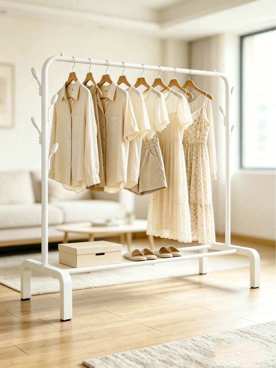 Free Standing Clothes Rack, Heavy Duty Garment Rack With Side Hooks & Lower Storage Shelf, Sturdy And Durable, Freestanding Coat Rack,Multi-Functional Bedroom Clothing Hanging Organizer For Laundry Room, Entryway - View 1