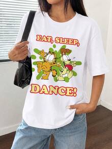 SHEIN | Garfield 女款幽默標語雙卡通角色印花圓領T恤，寬鬆休閒街頭風短袖上衣，適合日常聚會與夏季旅行 - 白色 - 查看 6