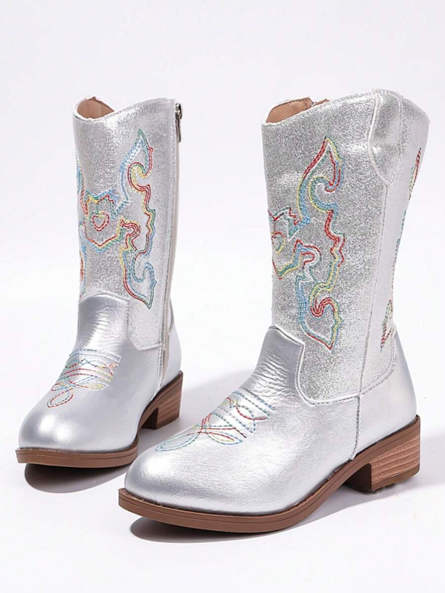 1 Pair Kids Girls Silver Mid Calf Cowboy Boots, Colorful Embroidery, Glitter Faux Leather Upper, Rubber Sole, Round Toe Western Boots For Daily Party - Silver - View 1
