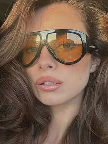 1pc Women's Fashion Oversized Aviator Frame Fashion Glasses, Minimalist European And American Style, Street Snap Hip-Hop Toad Glasses - Black Frame Tea Leaves - View 2
