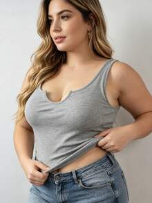 Tank Top Rajut Rib Ukuran Besar dengan Bra Berbantalan, Atasan Tanpa Lengan Minimalis Leher Rendah Seksi, Cami Atletik Bernapas untuk Yoga, Olahraga & Pakaian Jalanan Sehari-hari - Grey - View 4