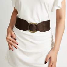 1pc Women's Basic Vintage Square Buckle Coffee Suede Elastic Waist Belt Suitable For Dresses - Coffee - View 11