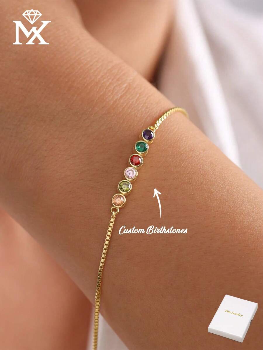 Pulsera personalizada con piedra de nacimiento redonda, joyería personalizada con piedra de nacimiento familiar, pulsera de piedra preciosa personalizada, mejor regalo para mamá - Multicolor - Ver 1