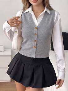 Top de tirantes de punto acanalado gris para mujer, top corto sin mangas con cuello en V y botones, prenda de punto para capas de primavera/verano - Gris - Ver 4
