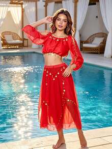 Professional Belly Dance Cold Shoulder Puff Sleeve Coin Crop Top, Elastic High Waist Asymmetrical Chiffon Skirt With Dangling Coins For Dance Training, Stage Shows And Competitions - Multicolor - View 7