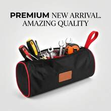1pc Cylindrical Hardware Tool Storage Bag 1680D Thickened Oxford Cloth Wear-Resistant Tool Bag Reinforced Nylon Handle Metal Smooth Zipper Side PE Hard Board Shaping Leather Patch Contrast Color Trim Compact Portable Tool Bag Automotive Repair Electrician Carpentry Workshop Maintenance Home Hand Tool Organization Storage New Product - Black - View 1