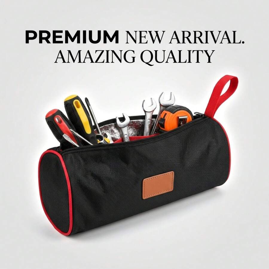 1pc Cylindrical Hardware Tool Storage Bag 1680D Thickened Oxford Cloth Wear-Resistant Tool Bag Reinforced Nylon Handle Metal Smooth Zipper Side PE Hard Board Shaping Leather Patch Contrast Color Trim Compact Portable Tool Bag Automotive Repair Electrician Carpentry Workshop Maintenance Home Hand Tool Organization Storage New Product - Black - View 1
