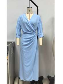 2026 New Elegant Solid Color V Neck Long Sleeve Slit Waist Pocket Midi Dress For Women Chic European And American Style Party - 粉紅色 - 查看 11