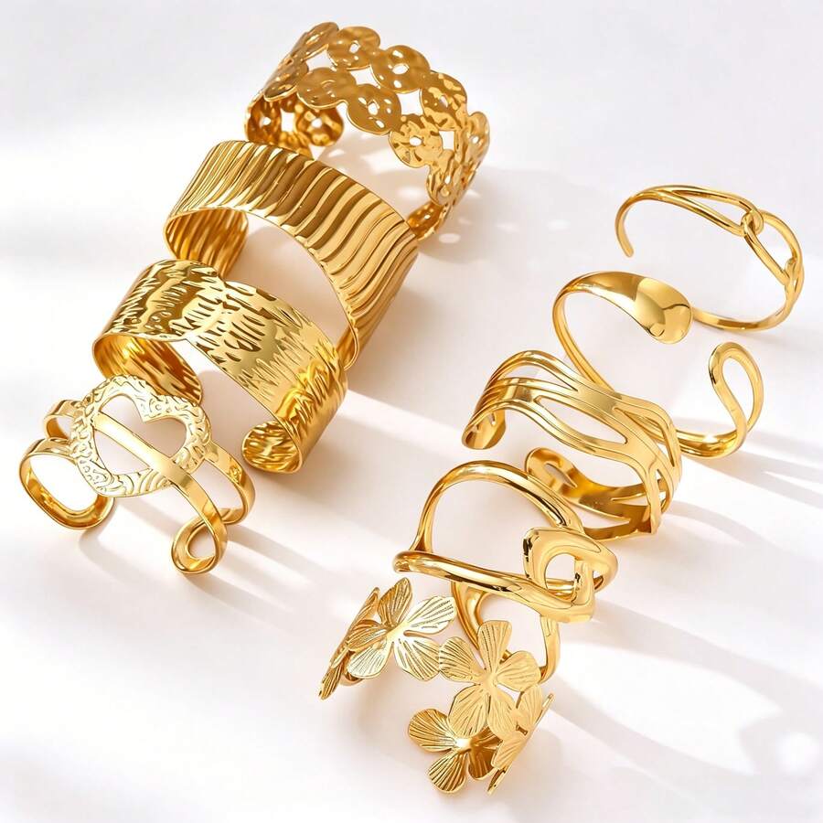 Stainless Steel Gold Mixed Open Bangle Set, Hammered, Wavy, Heart Hollow, Flower Multi-Style Stackable Bracelets, Women's Daily Versatile Gift Jewelry
