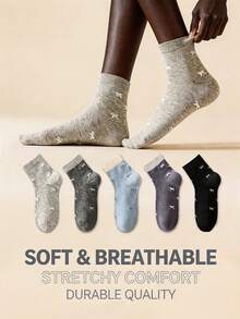 5 Pairs Women's Mid-Calf Socks With Sweet Bow Pattern Design, Creative Fashion Personalized Women's Socks, Spring/Autumn Thin Breathable Comfortable Moisture-Wicking Socks, Sports Casual Streetwear College Style Elegant Women's Long Socks, Suitable For Daily Versatile Use, Holiday Gifts, Party - Multicolor - View 2