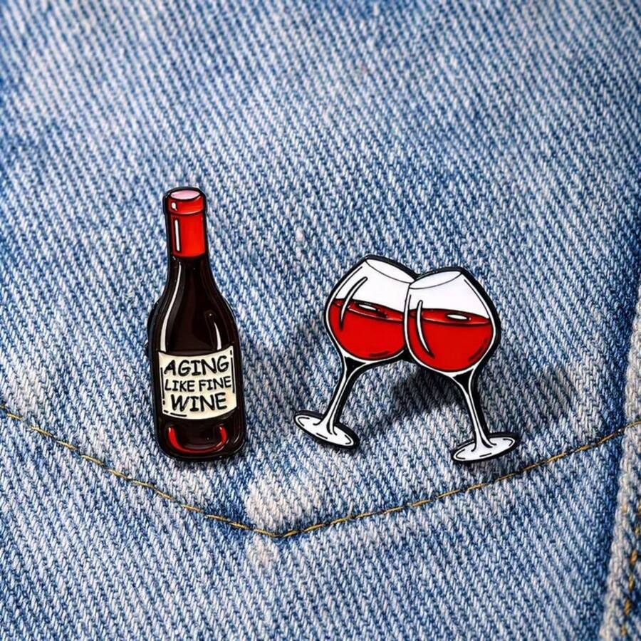 1/2 Creative Red Wine Element Enamel Brooch Funny Phrase Wine Bottle Wine Glass Shaped Metal Badge Denim Backpack Decoration Pin Gift - Multicolor - View 1